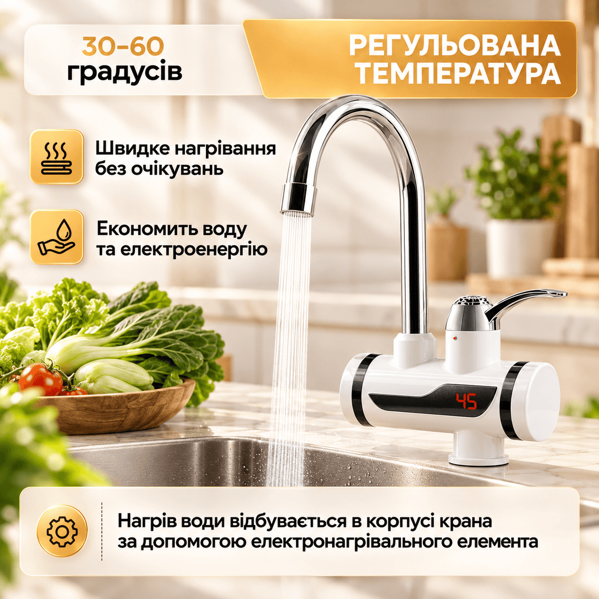 Проточний водонагрівач-кран з дисплеєм і душем