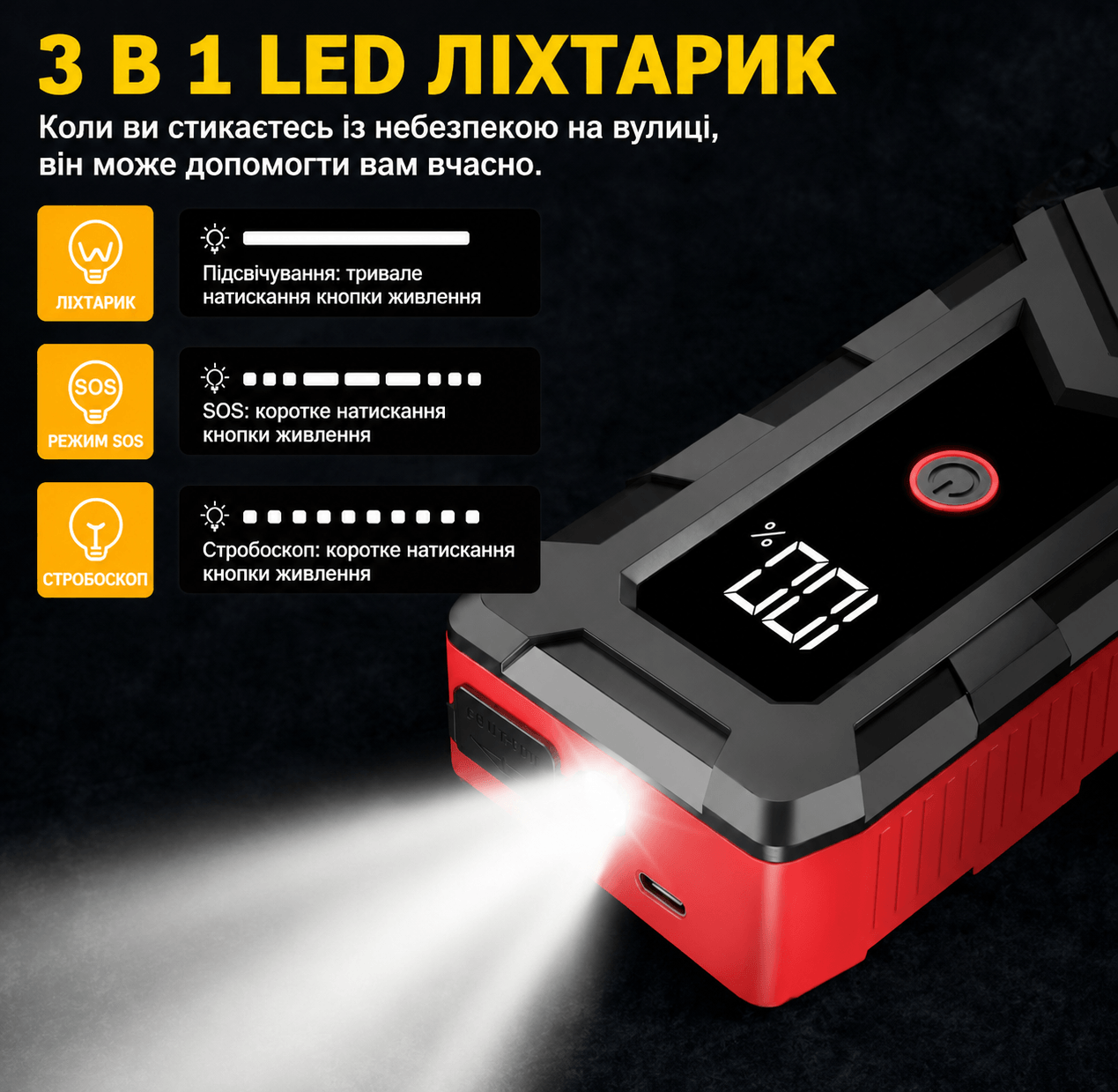 Пусковий пристрій (бустер) з LED-ліхтарем