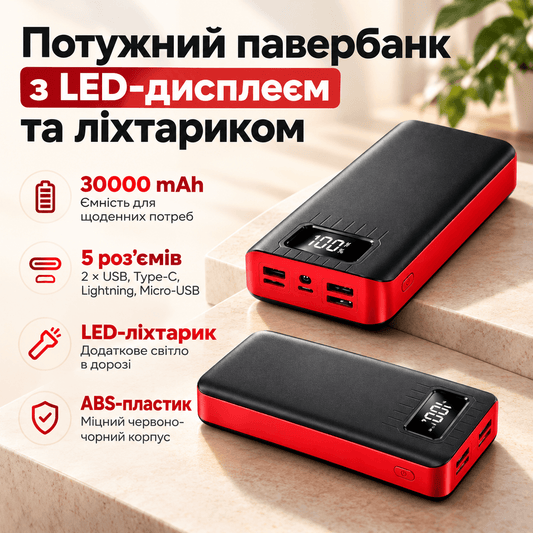 Потужний павербанк з LED-дисплеєм та ліхтариком